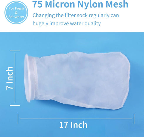 ZCONIEY Large Aquarium Filter Bags, 7" Opening x 17" Long Nylon Filter Socks, 75 Micron Felt Filtration, 2 Pack