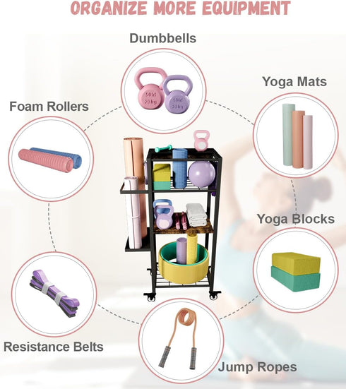 Yoga Mat Storage Rack with Wheels, 3 Tier Home Gym Workout Equipment Organizer for Dumbbells, Kettlebells, Foam Rollers