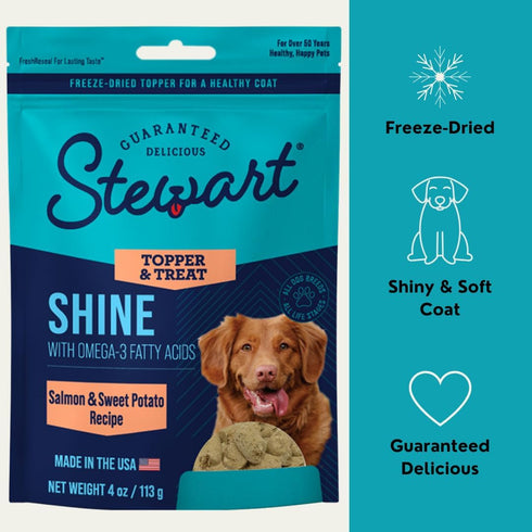 Stewart Freeze Dried Dog Food Topper, Shine, Salmon and Sweet Potato Recipe, 4 Ounce Pouch, Omega-3 for Healthy Coat