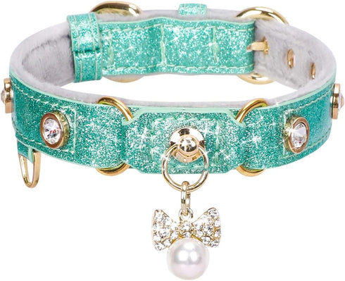 PetsHome Adjustable Cat Dog Collar, Bling Rhinestones PU Leather with Luxury Pendant, Extra Small Mint Green
