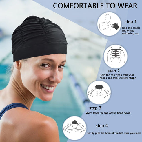 Large Colorful Pleated Nylon Cloth Swim Cap for Adult Men Women Long Hair Hot Spring Bathing Caps