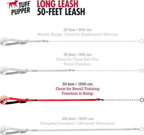 Tuff Pupper Heavy Duty Long Dog Leash, 50 Foot, Buckle Handle, High Visibility Nylon Webbing for Dog Recall Training