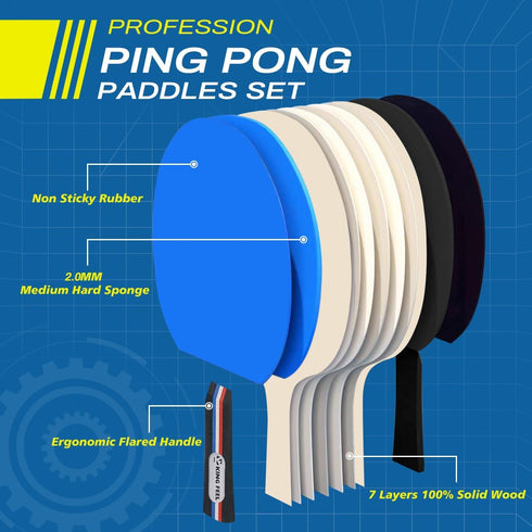 Ping Pong Paddles Set of 4, Premium Table Tennis Rackets, 3-Star Balls (8) with Paddle Case