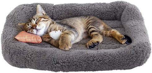 Enjoying Plush Cat Bed Mat, 10" x 15" Pet Cushion with Pillow for Puppy Curling Sleep, Antiskid Bottom (Small)