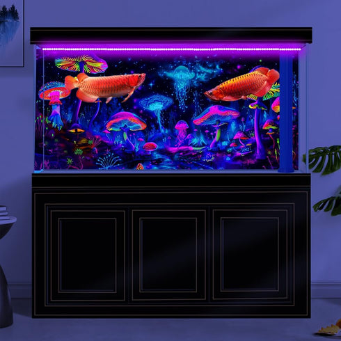 72X24IN Blacklight Mushroom Jellyfish Aquarium Background, UV Reactive Starry Sky Terrarium Background.