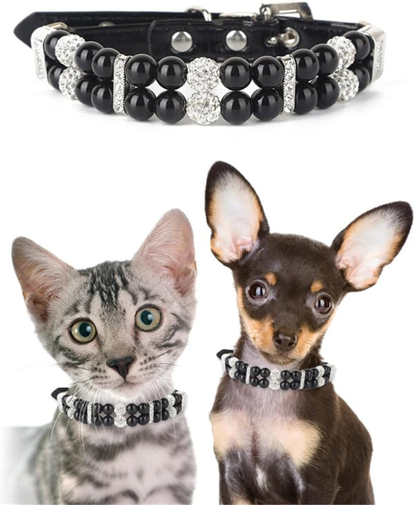 Black Beaded Dog Collar, Male Pearl Cat Collar with Crystal Diamond Rhinestone, Cute PU Leather Necklace for Small