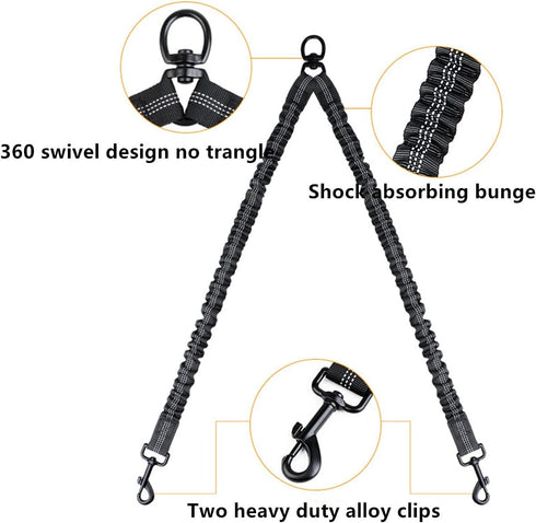 Double Dog Leashes Rope, Reflective Leash with Two Shock Absorbing Bungee Training Leashes for Two Dogs