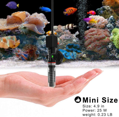 PULACO 25W Small Aquarium Submersible Betta Heater with Free Thermometer Strip for Under 6 Gallon Tanks