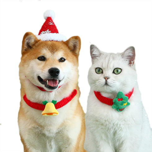 Pet Christmas Handmade Bow Tie - 2pcs Cats and Dogs Xmas Scarf Collar Bow Ties, Adjustable Pet Towel Bibs for Christmas