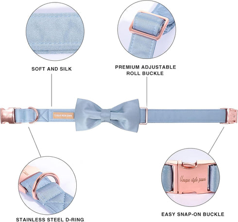 Unique Style Paws Dog Collar, Blue Silk Dog Collar with Bow, Soft Bowtie Adjustable Pet Collar Gift for Medium Dogs