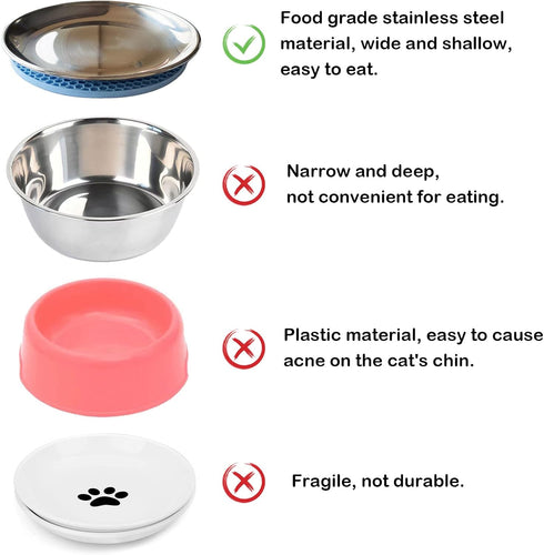 Cat Food Dishes, Stainless Steel Shallow Dish with Non-Slip Placemat, 4 PCS Medium Pet Dishes