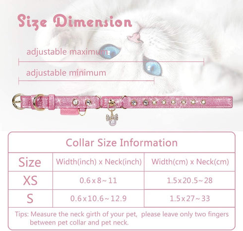PetsHome Adjustable Cat Dog Collar, Bling Rhinestones PU Leather with Luxury Pendant for Extra Small Dog and Cat, Pink