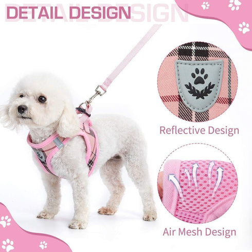 KOOLTAIL Small Dog Harness and Lead Set - Soft Mesh Plaid Puppy Harness with Safety Buckle, Adjustable & Comfortable
