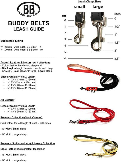 BUDDY BELT All Pebble Grain Leather Leash, Black - Premium Edition (1/2" x 4')