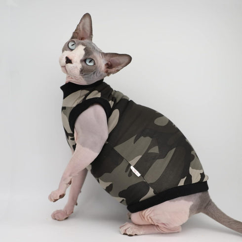 Sphynx Hairless Cat Summer Cotton T-Shirts, Round Collar Vest for Cats & Small Dogs (Medium, Black Camo)
