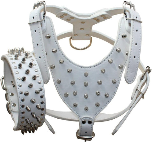 Serijoars Spiked Studded PU Leather Dog Harness Collar Set for Large Breed Pit Bull, Bully, Husky, Terrier, M, White
