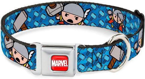Dog Collar Seatbelt Buckle - Kawaii Thor Poses Hammer Monogram Blues, 15 to 26 Inches, 1.0 Inch Wide