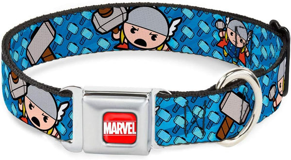 Dog Collar Seatbelt Buckle - Kawaii Thor Poses Hammer Monogram Blues, 15 to 26 Inches, 1.0 Inch Wide
