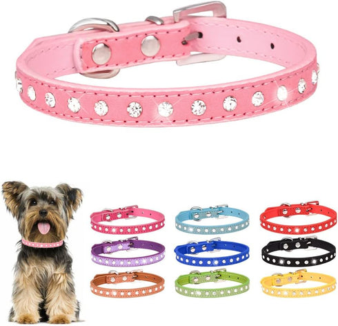 Rhinestone Bling Dog Collar for Small Dogs, Cute Sparkly Glitter Crystal Diamond Collar (Pink, XXS-XS-S-M)