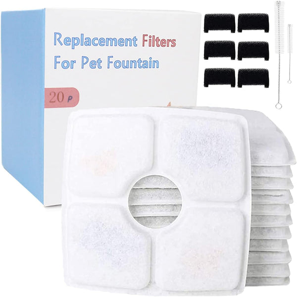 Cat Fountain Filter Replacement Set, 20 Pcs, Compatible with Vekenn 84oz/2.5L Square Fountain, 12 Filter, 6 Sponge