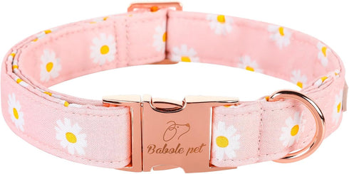 Cotton Dog Collar for Small Dogs, Adjustable Cute Boy Girl Collars with Metal Buckle (Baby Pink Daisy, S)