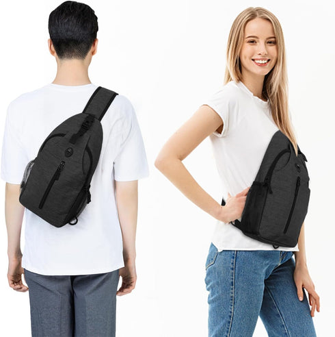 Sling-Bag Crossbody-Bag for Women and Men, Portable Hiking Daypack with Water Bottle Pocket (Black)