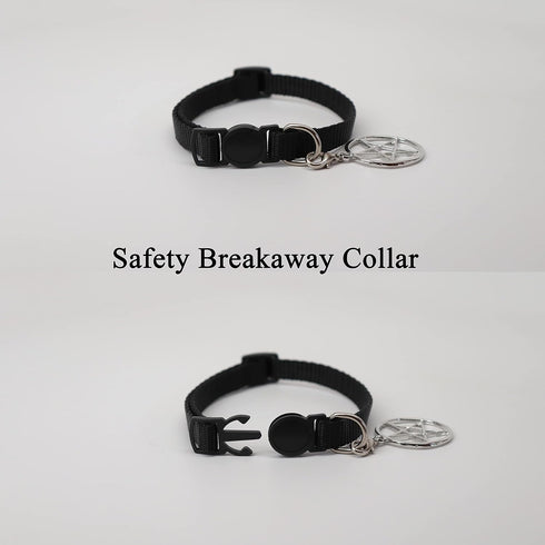Black Cat Collar with Wiccan Pagan Pentacle, Silver Finish on Safety Breakaway Collar, Adjustable Neck Size