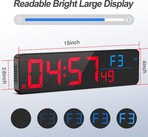 15" Countdown/Up/Stopwatch/12-Level ANJANK Large Gym Timer, LED Digital Wall Clock with Seconds, Timing for Workout