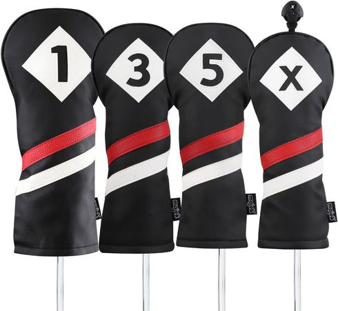 Majek Retro Golf Headcovers Black Red and White Vintage Style for 1 3 5 X Driver and Fairway