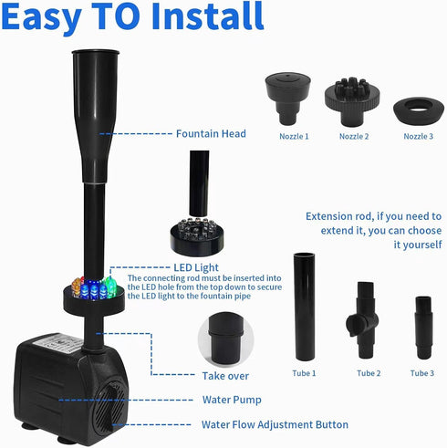 15W 1000L/H Submersible Fountain Water Pump - 12 Colorful LED Lights for Aquarium Fish Tank & Outdoor Fountain