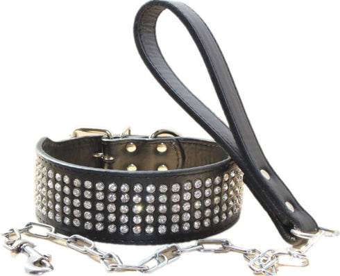 2 Inches Wide Leather Rhinestone Crystal Diamante Jeweled Dog Collar Chain Leash Set for Pitbull, Bulldog, Doberman