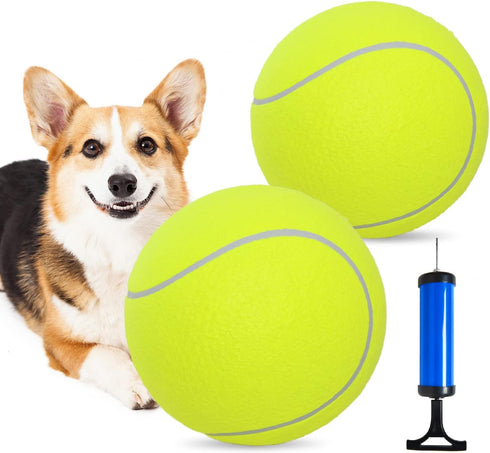 Pomeat 2 PCS Giant Tennis Balls for Dogs, 9.5" Inflatable Non-Toxic Chew Toy with Pump & Needle