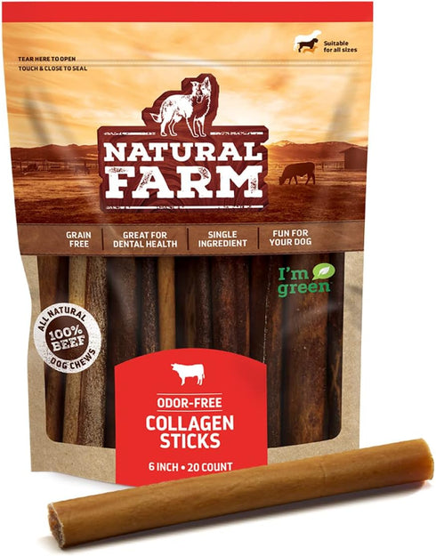 Natural Farm Collagen Sticks (6 Inch, 20 Pack) - Odor-Free, 95% Natural Collagen Dog Chews, Supports Healthy Joints