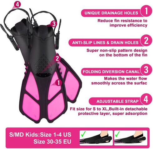 Kids Snorkeling Set with Adjustable Flippers, Panoramic Snorkel Mask, Dry Snorkel Tube, Travel Bags
