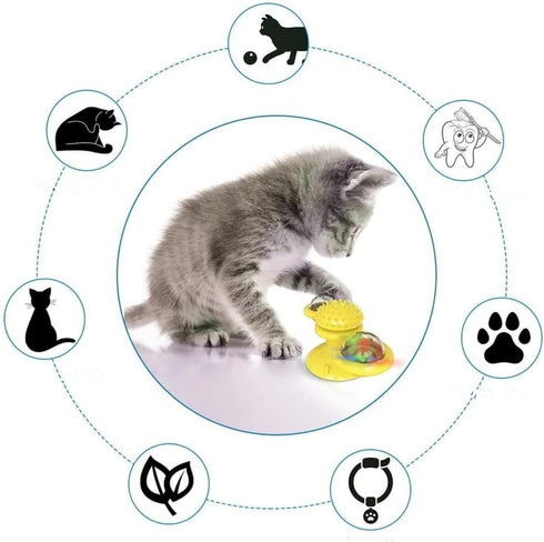 Generic Interactive Windmill Cat Toy with Catnip & Spinning LED Light Ball Suction Cup Indoor Kitten Toy with Massage