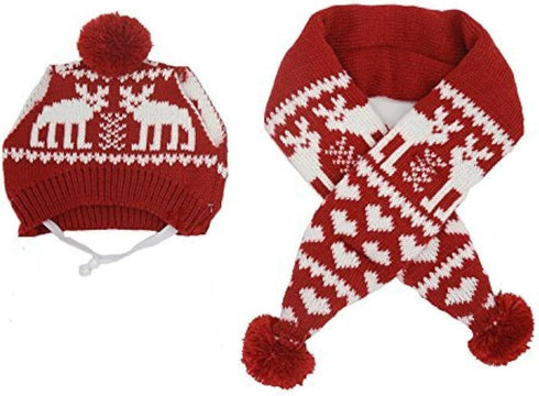 Cat Christmas Reindeer Scarf and Hat Set Costume for Small Pets Puppy - Red, XSmall