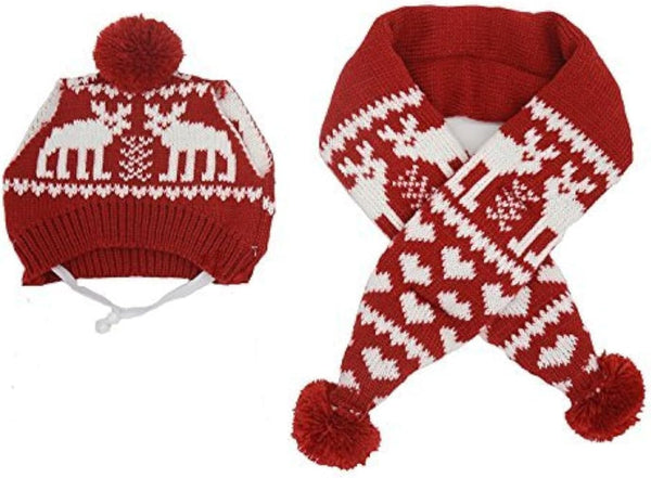 Cat Christmas Reindeer Scarf and Hat Set Costume for Small Pets Puppy - Red, XSmall