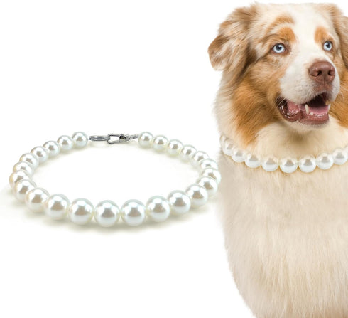 KUDES Chunky Pearl Dog Necklace, Strong Stainless Steel Wire Rope, Elegant Classic Super Big Pearl for Medium Large Dogs