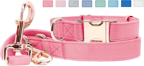Soft Leather Dog Collar and Leash Set (6.6'), Stylish Rose Gold Heavy Duty Metal Buckle, Dark Pink M (13.8"-19.7")