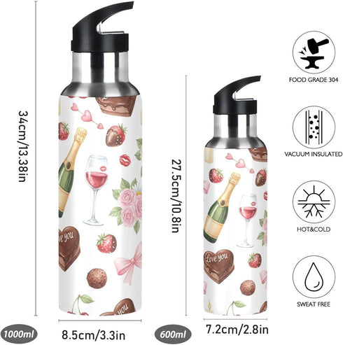 Wassud 32 oz Water Bottle Red Wine and Roses Stainless Steel Sport Water Bottle with Straw Insulated Water Bottles