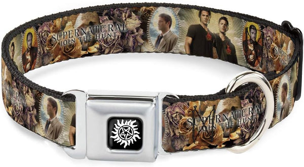 Supernatural Dog Collar with Seatbelt Buckle, 4 Character Saintly Icons, Skull Roses, 18-32 Inches, 1.5 Inch Wide