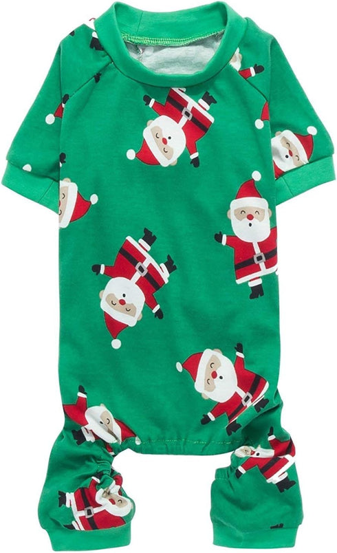 Cute Santa Claus Christmas Dog Pajamas PJS, Green Holiday Pet Clothes Jammies Onsie, Back Length 12" Small