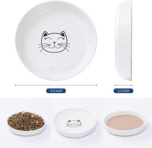 Shallow Cat Food Bowls, 5.9 Inch Wide Ceramic Dishes for Indoor Cats, Anti Whisker Fatigue, 3 Pack (Blue)