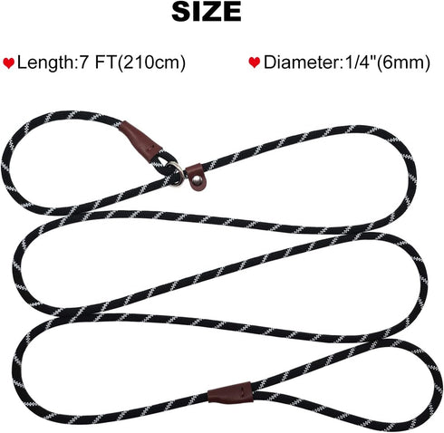 7Ft Slip Lead Dog Leash for Small Dogs, Lightweight Nylon Rope Leash for No Pull Small Puppy Pet Training, Black