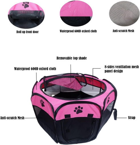 Portable Pet Playpen - Foldable Dog Playpen for Dogs, Cats, and Rabbits, Indoor Outdoor Use (S, Rosered)