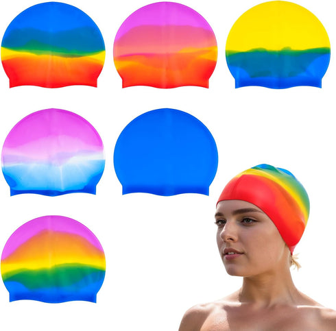 Fumwase 6PCS Silicone Swim Caps, Unisex Adult Waterproof Swimming Hat for Long Hair