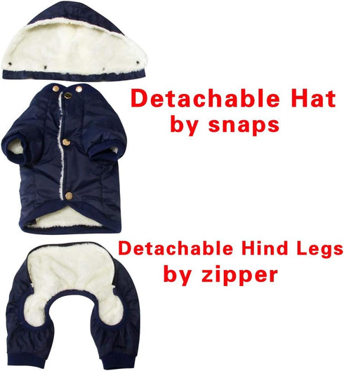 Fleece Lined Dog Coat with Detachable Hood and Hind Legs, Warm Puppy Jacket for Winter (Blue XXL)