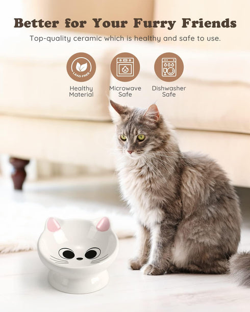 Raised Cat Food Bowl Ceramic - 15° Tilted Bowls for Anti Vomiting, Backflow Prevention for Adult Cats, Pink