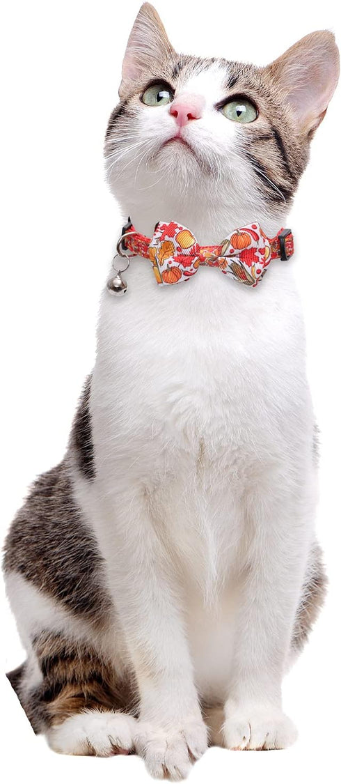 Lamphyface Thanksgiving Cat Collar with Bow Tie and Bell, Adjustable Breakaway Safety for Kitty