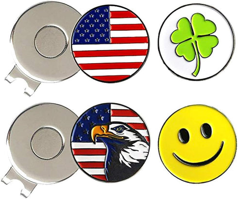 Golf Ball Marker Hat Clip, 0.96 Inch Stainless Iron, 2 Hat Clips with 4 Golf Markers for Men Women